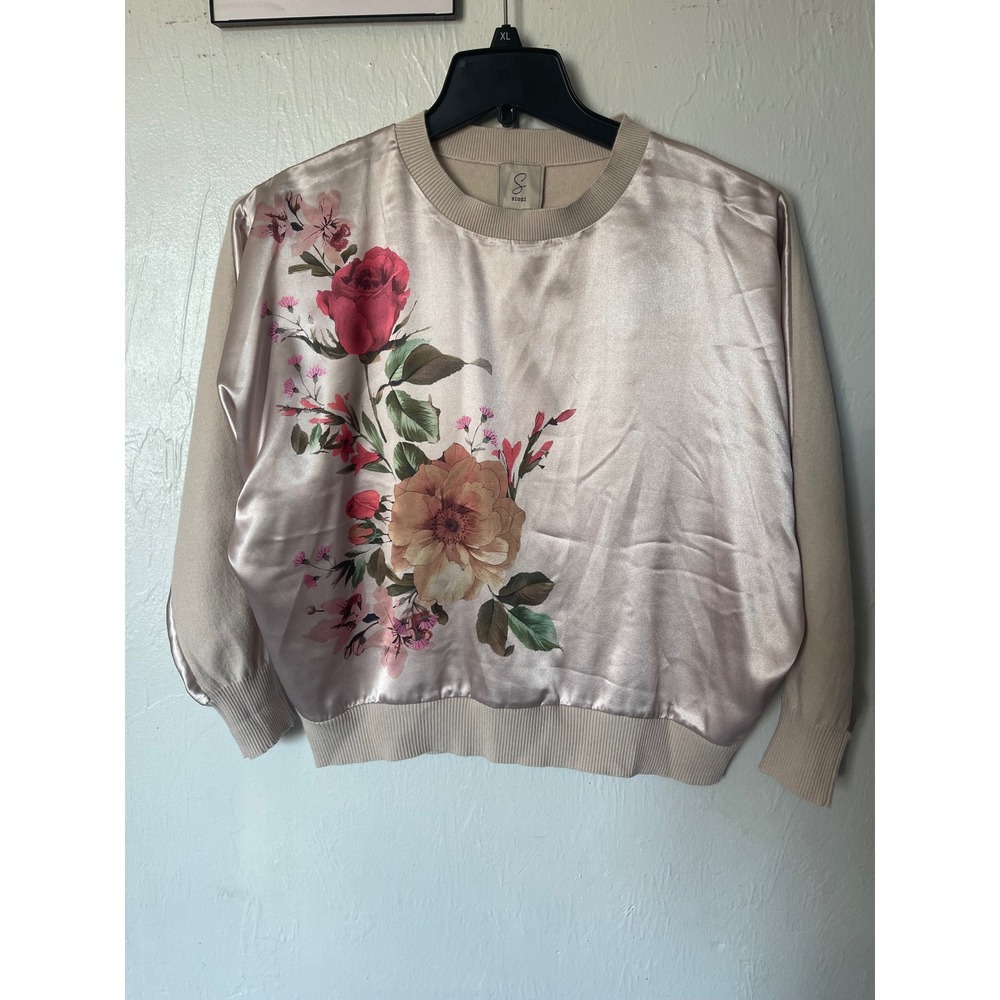 Sioni‎ Womens Floral Satin Front Mixed Media Knit Sweater Beige Rose Graphic XL